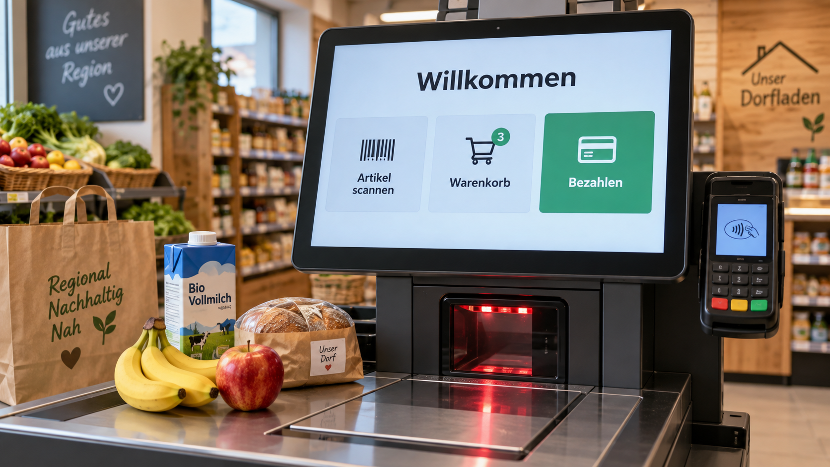 Self-Checkout in einem regionalen Dorfladen